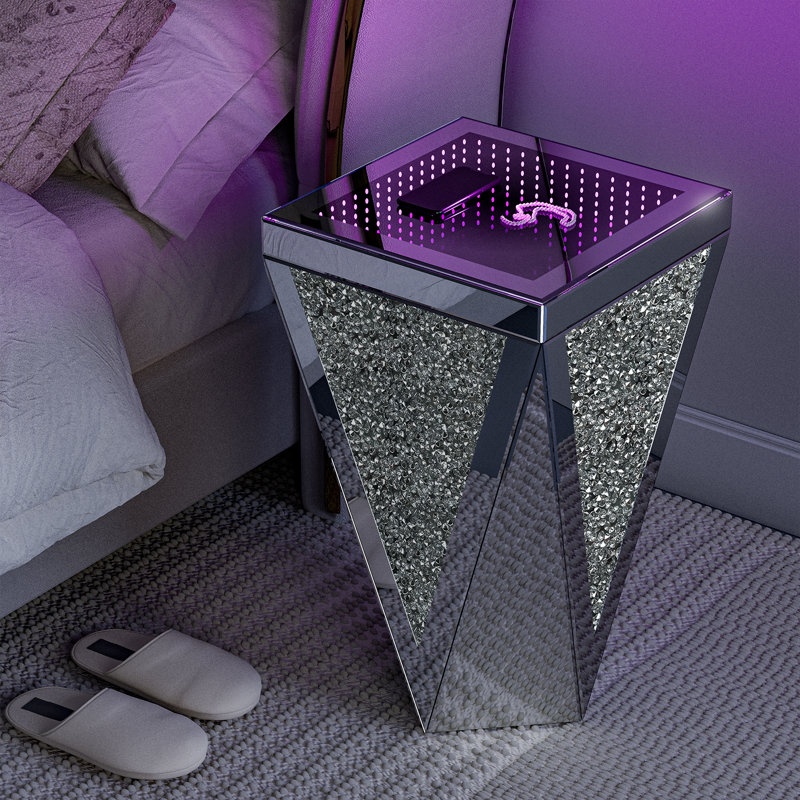 Mercer41 Mirrored Side Table With Infinity Lights Sliver End Table With Crushed Diamond Modern Nightstand For Living Room Bedroom